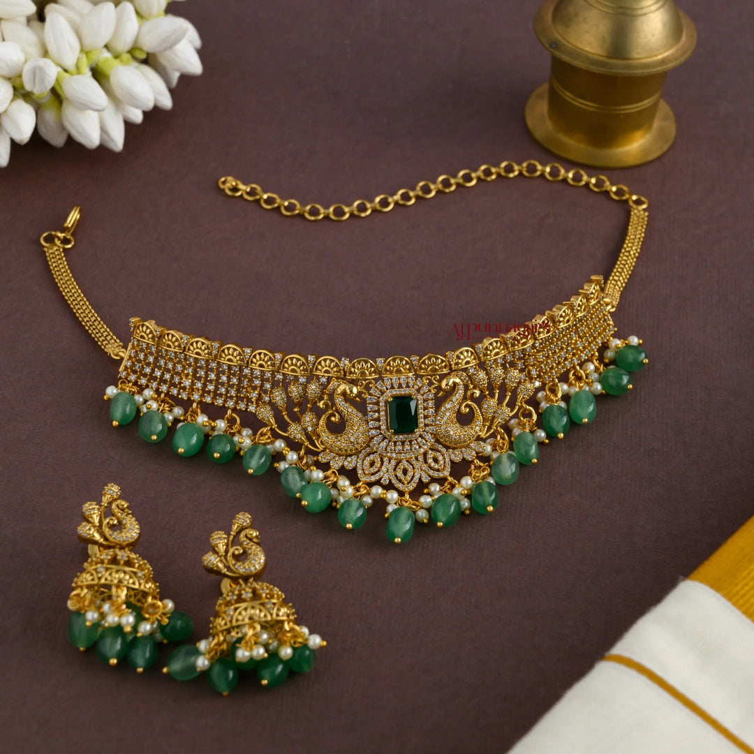 Grand Bridal Peacock Choker - Green Hangings