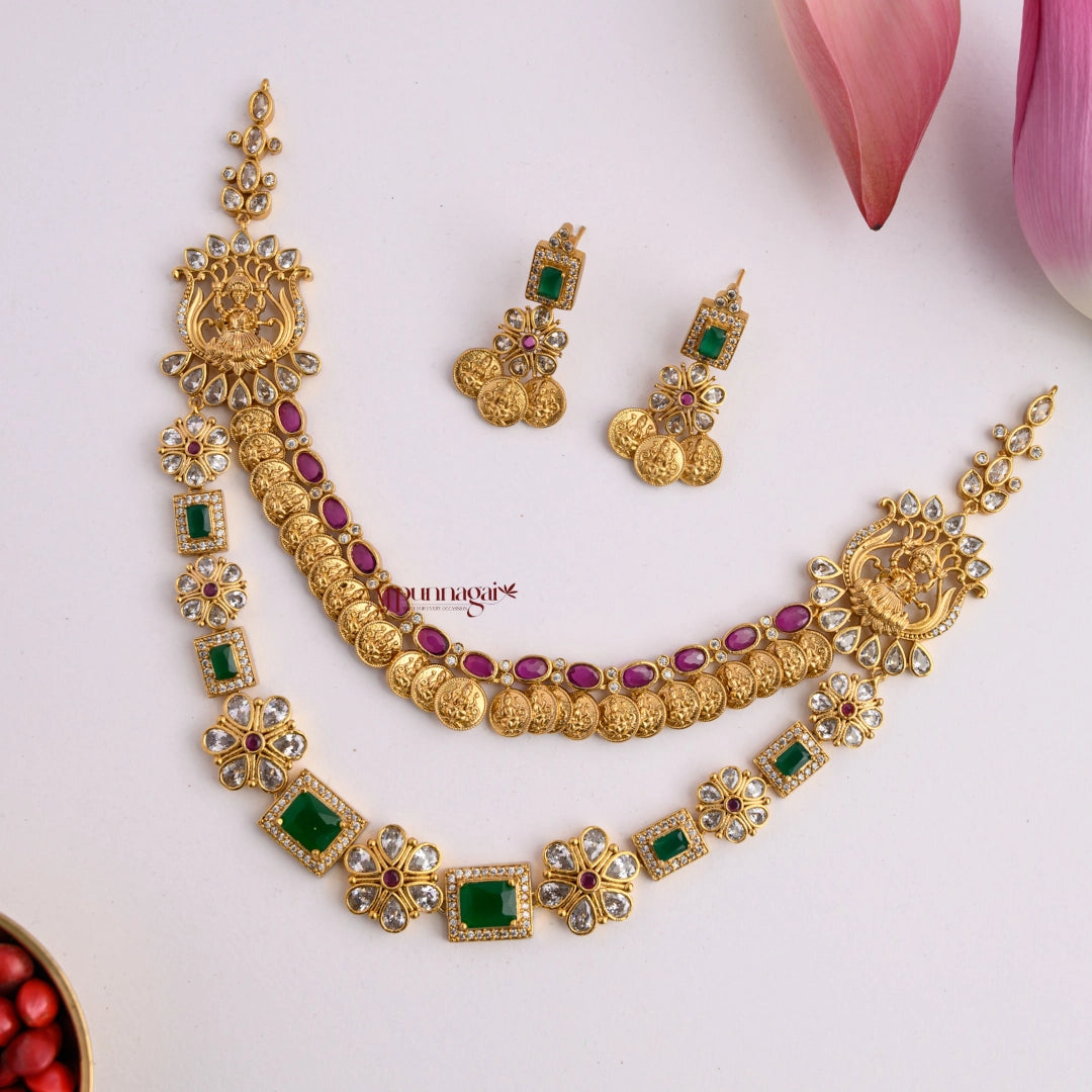 Two Layer Lakshmi Coin Floral Necklace