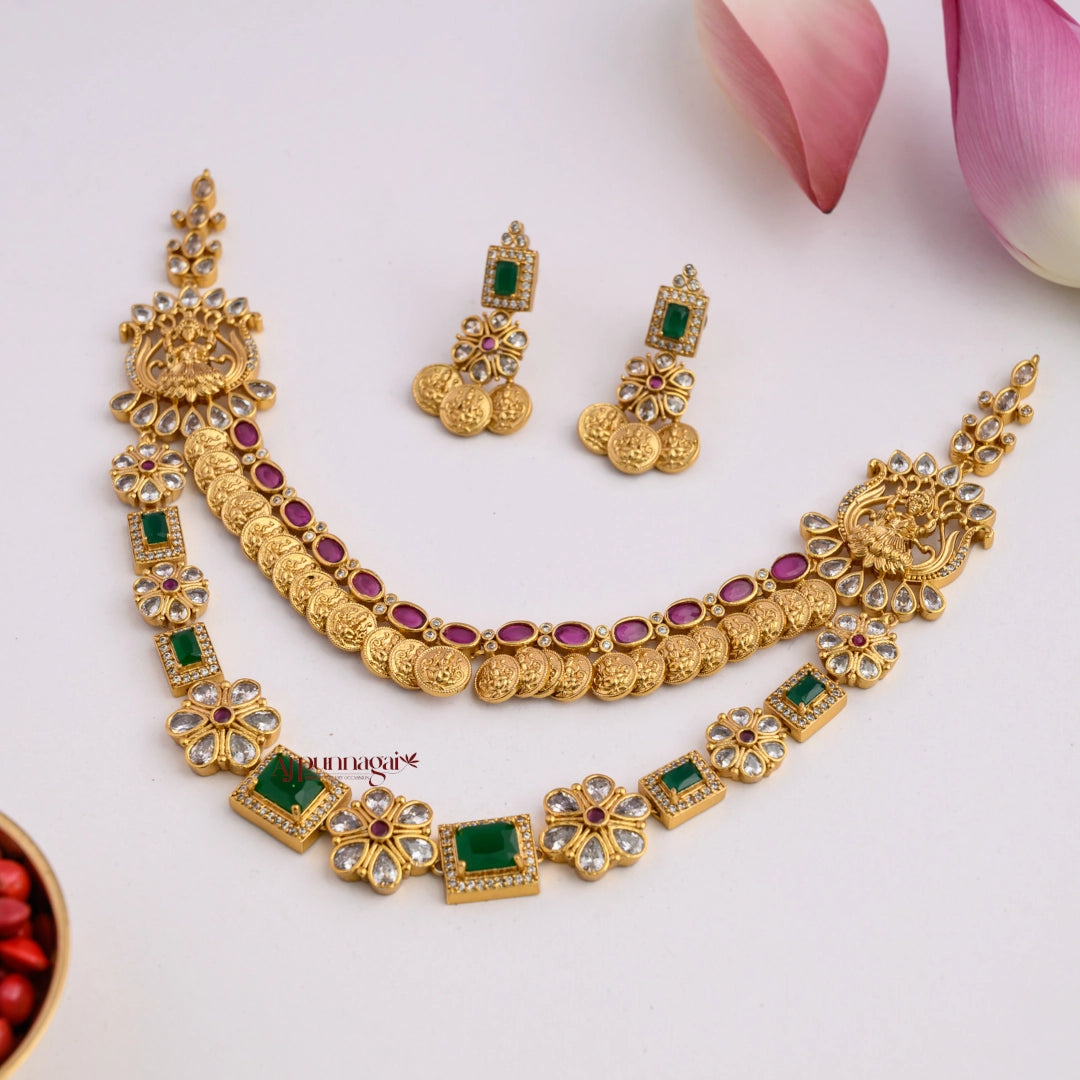 Two Layer Lakshmi Coin Floral Necklace