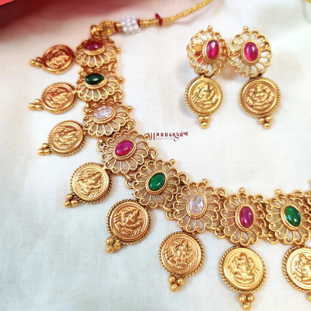 Unique Multi Stone Lakshmi Coin Necklace
