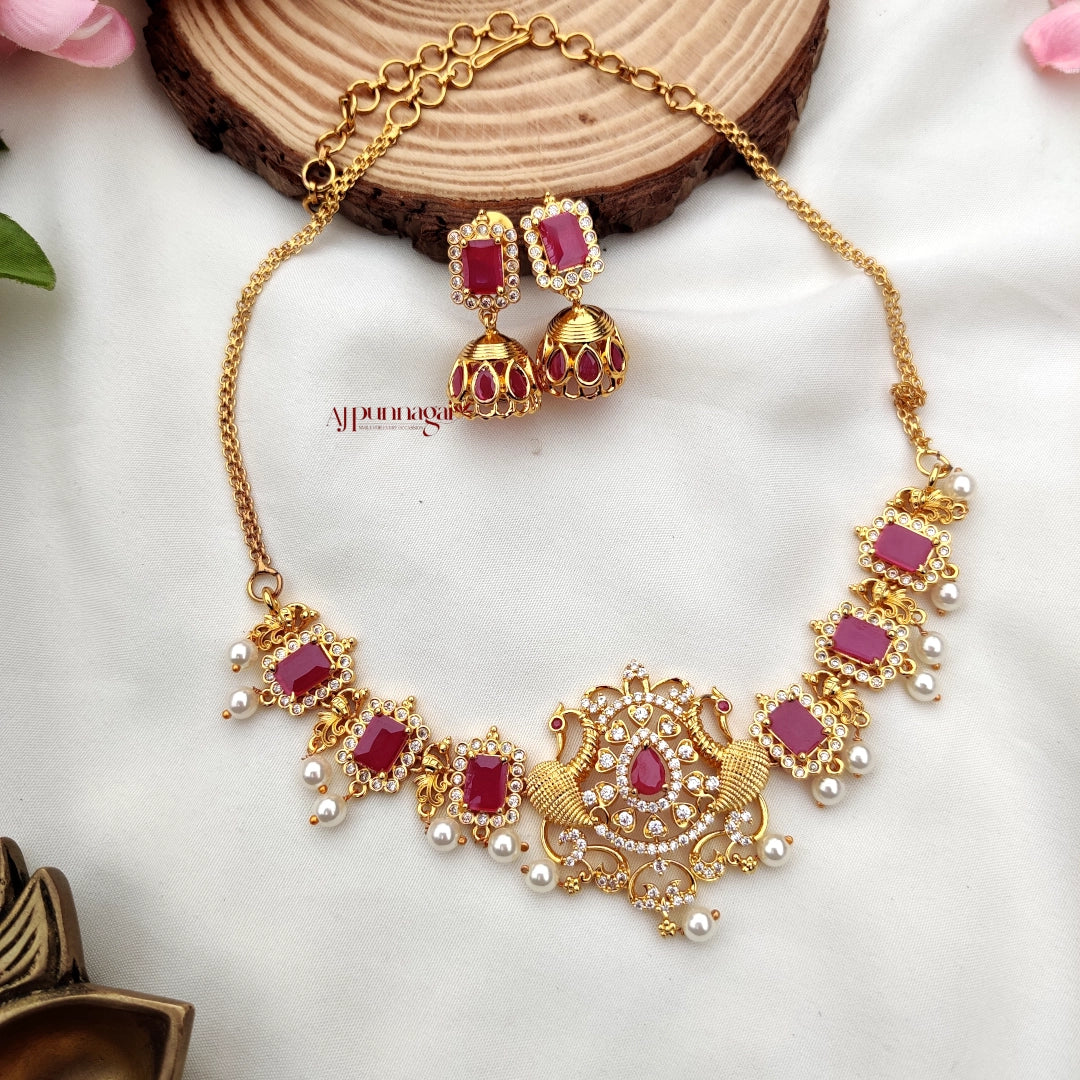 Peacock Pendant Pink Stone Necklace