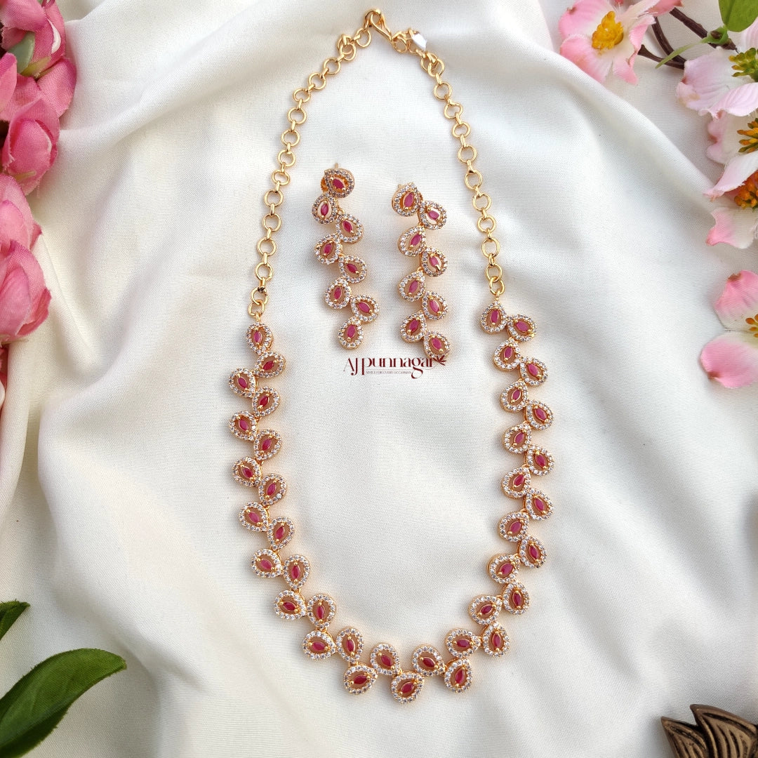 Stunning leaf design AD stone Necklace - Ruby