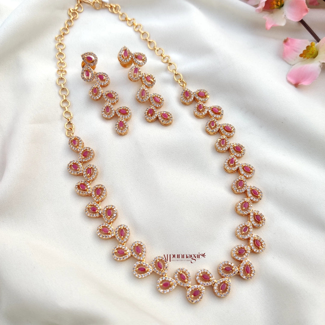 Stunning leaf design AD stone Necklace - Ruby