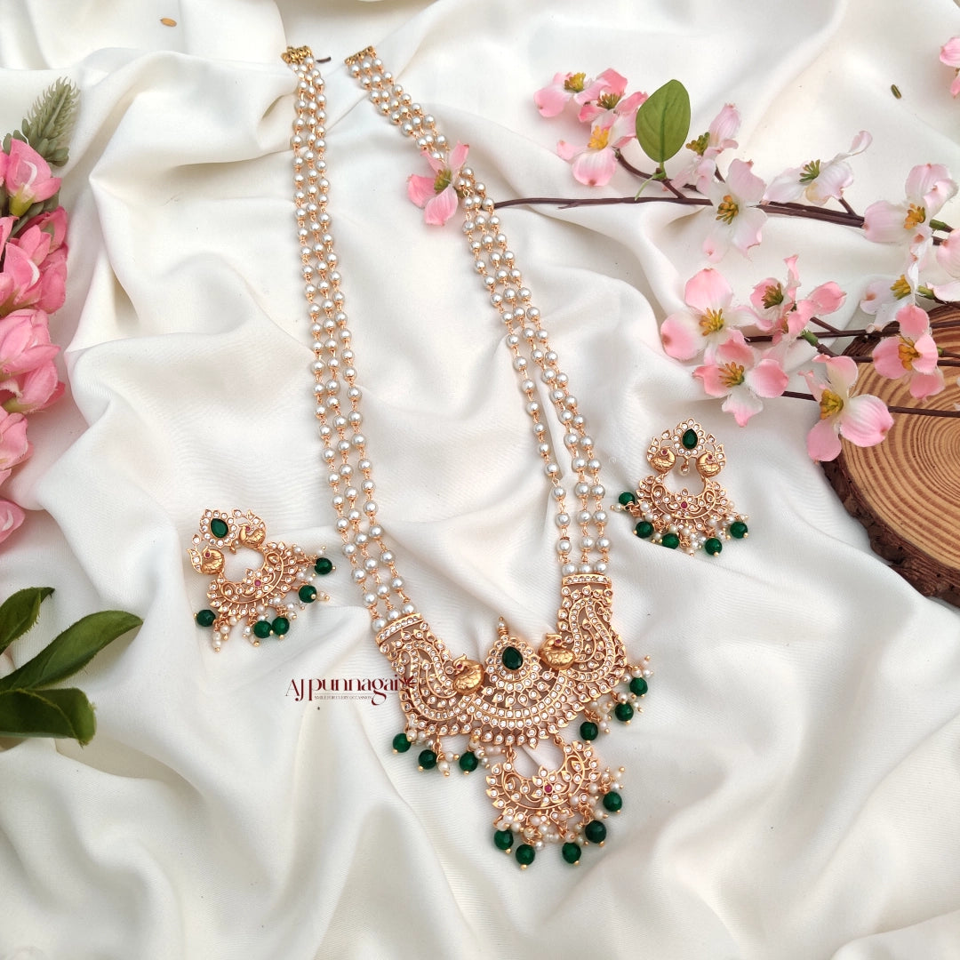 Gorgeously crafted Peacock Design Beaded Haram with Green Beads