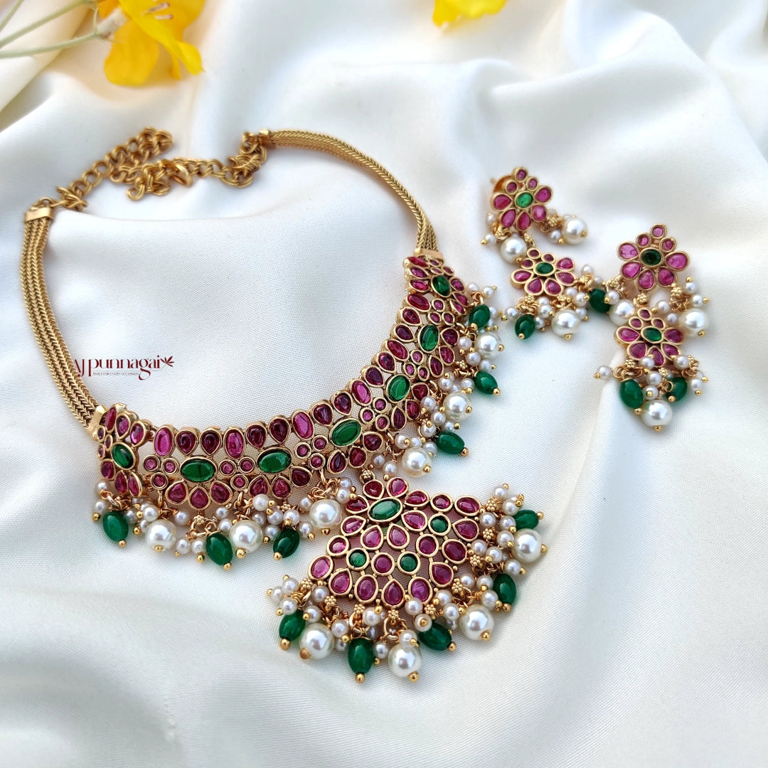 Beautiful Non Idol Kemp stone Necklace with pearls