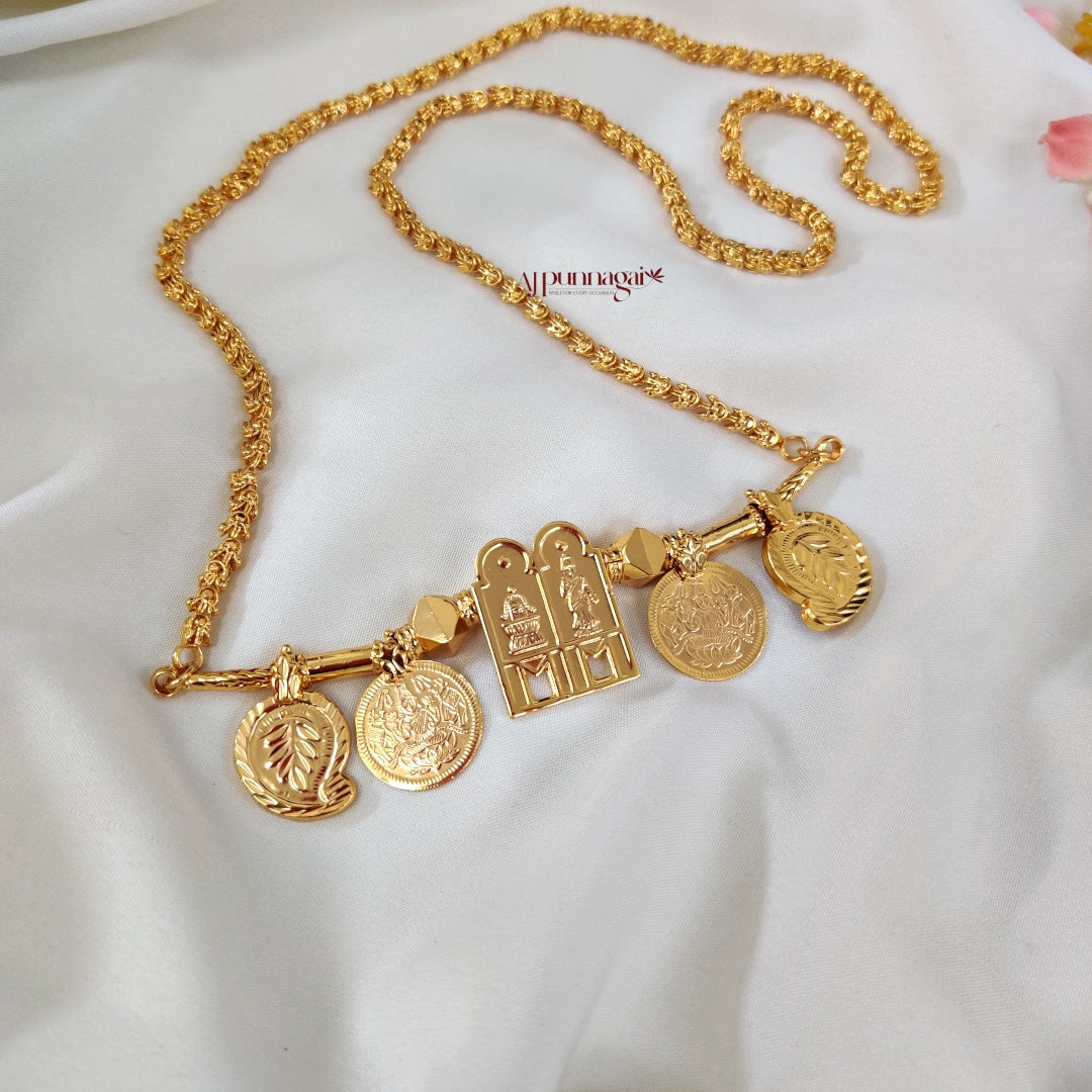 Traditional South Indian Meenakshi Sundereshwara Lakshmi coin Mango Leaf Thirumangalyam with Kerala Jasmine Chain
