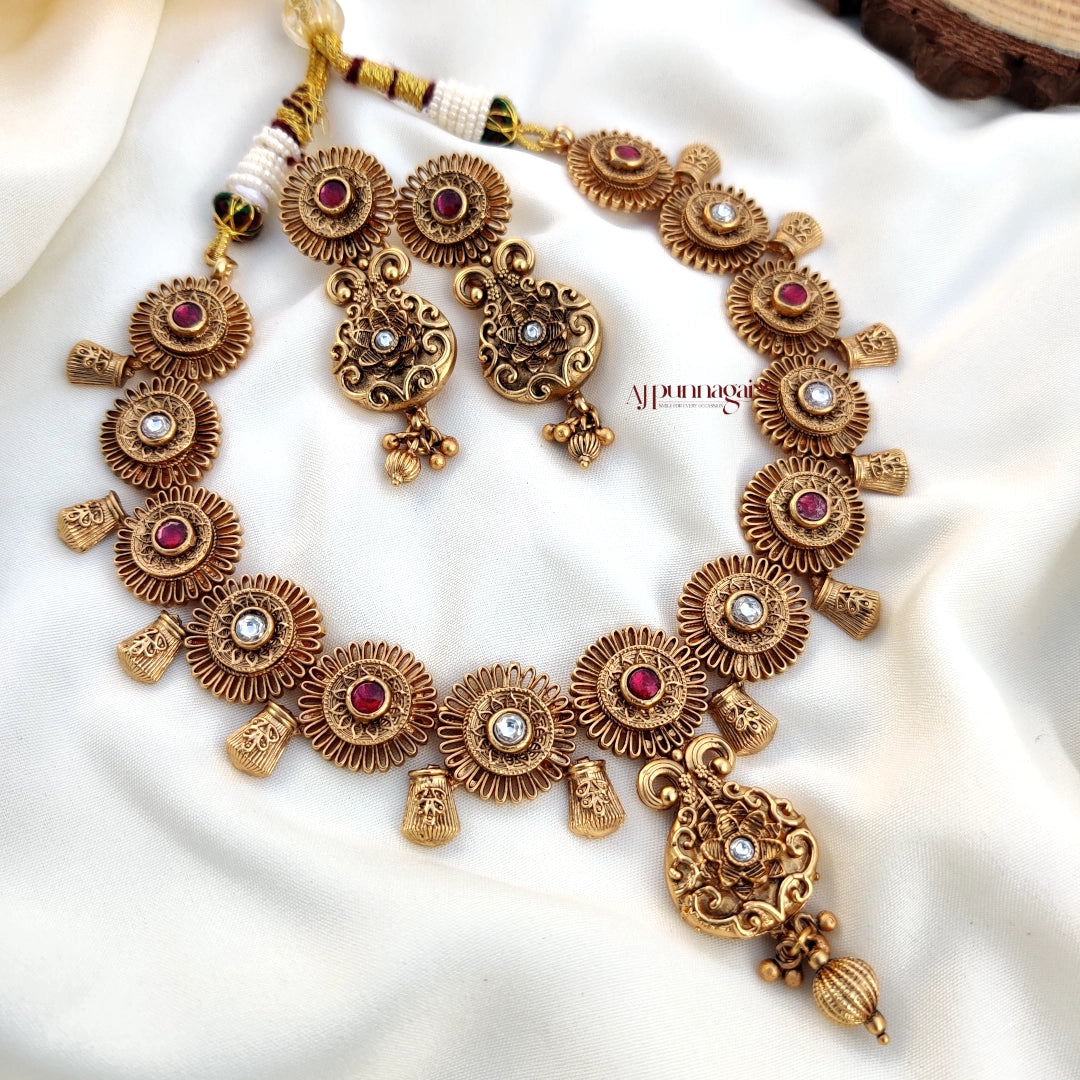 Elaborately crafted Antique Finish Floral Necklace
