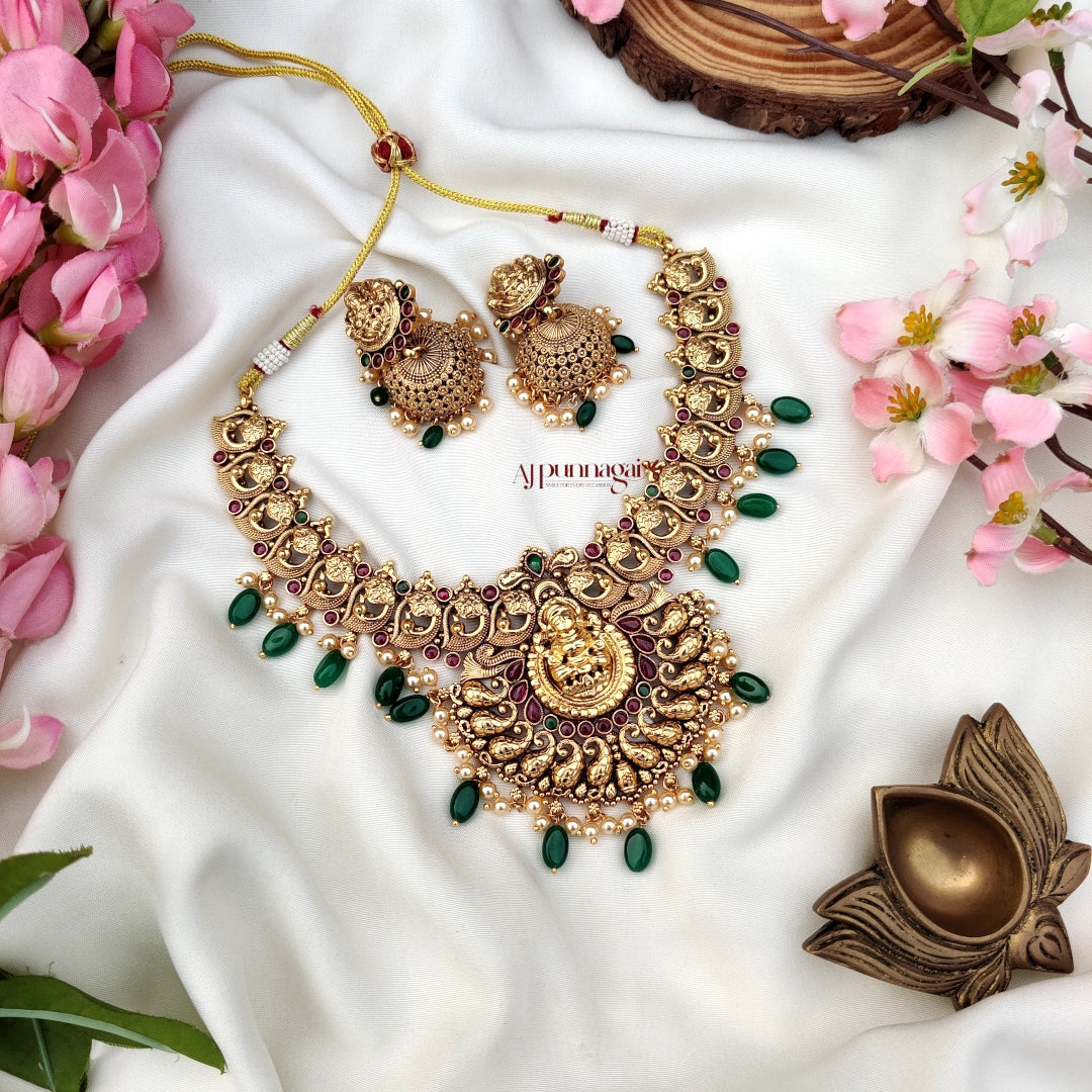 Stunning crafted Lakshmi Motifs Necklace with Green beads