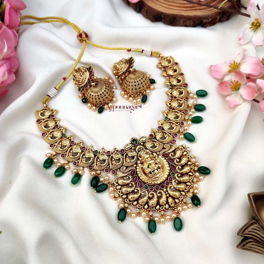 Stunning crafted Lakshmi Motifs Necklace with Green beads