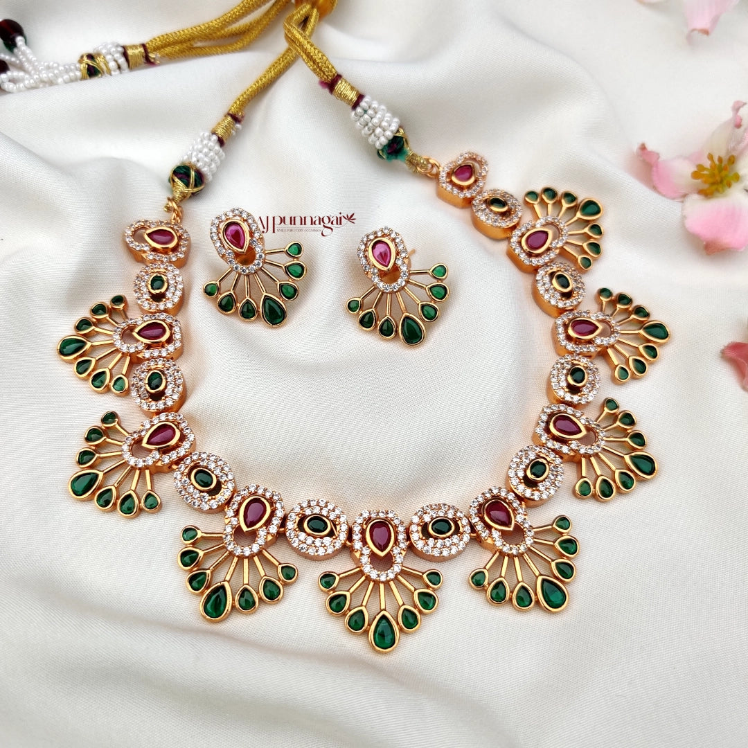 Beautiful Unique design AD stone Necklace - Green and Ruby