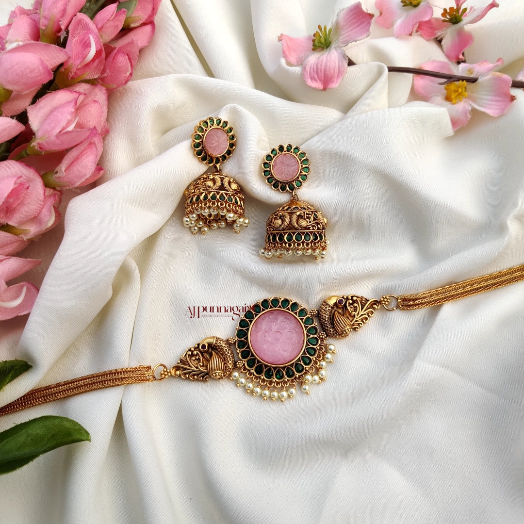 Gorgeously crafted Dual Peacock Choker with Pearl - Pink