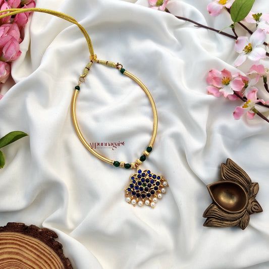 Traditional style kemp stone Handmade Attigai Necklace - Blue