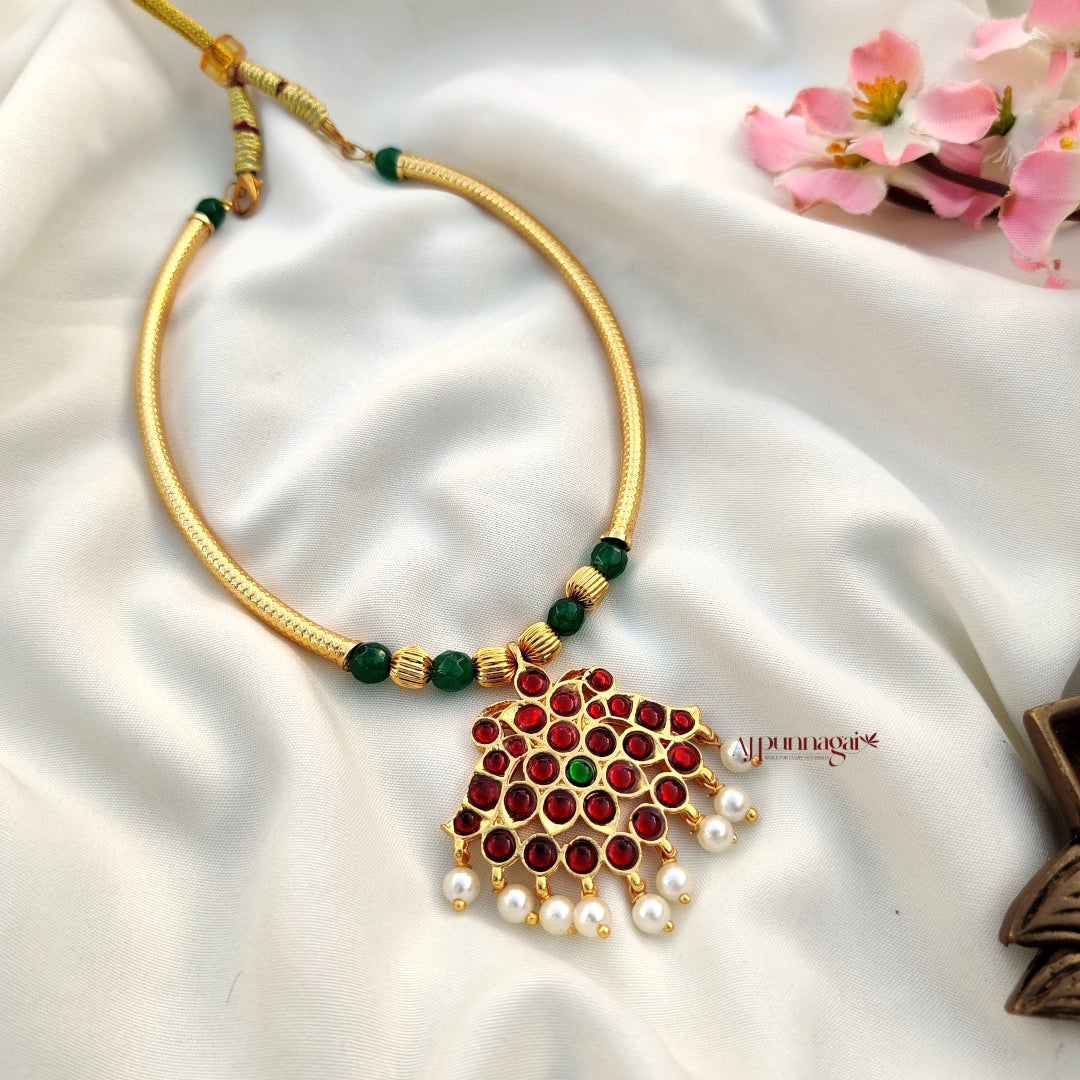 Traditional style kemp stone Handmade Attigai Necklace - Maroon