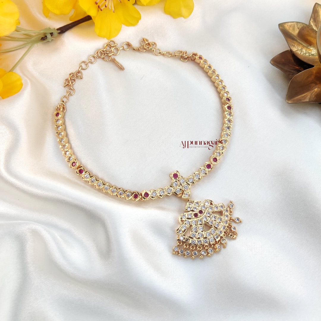 Beautiful Heritage Peacock Design AD Stone Attigai - Ruby and White