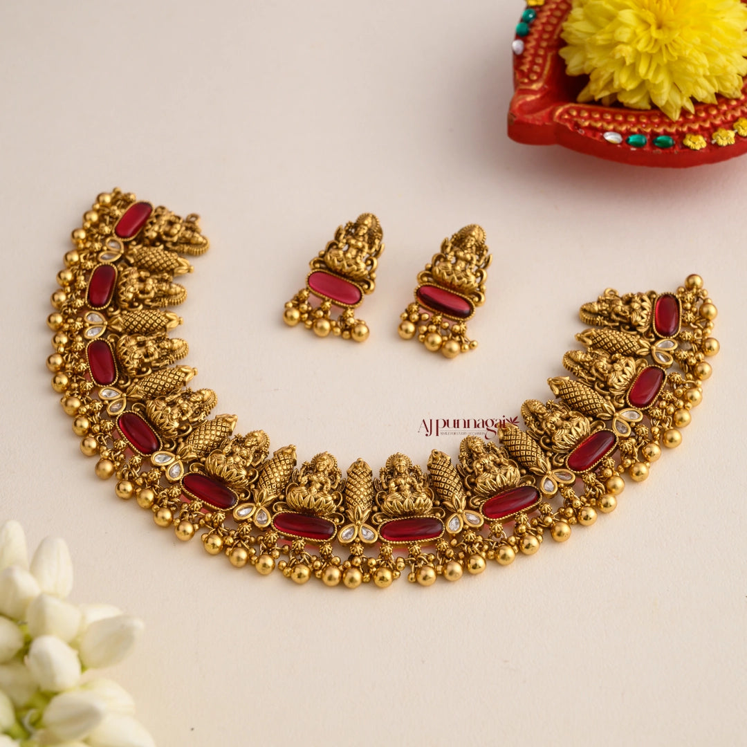 Lakshmi Motifs Bridal Necklace - Ruby