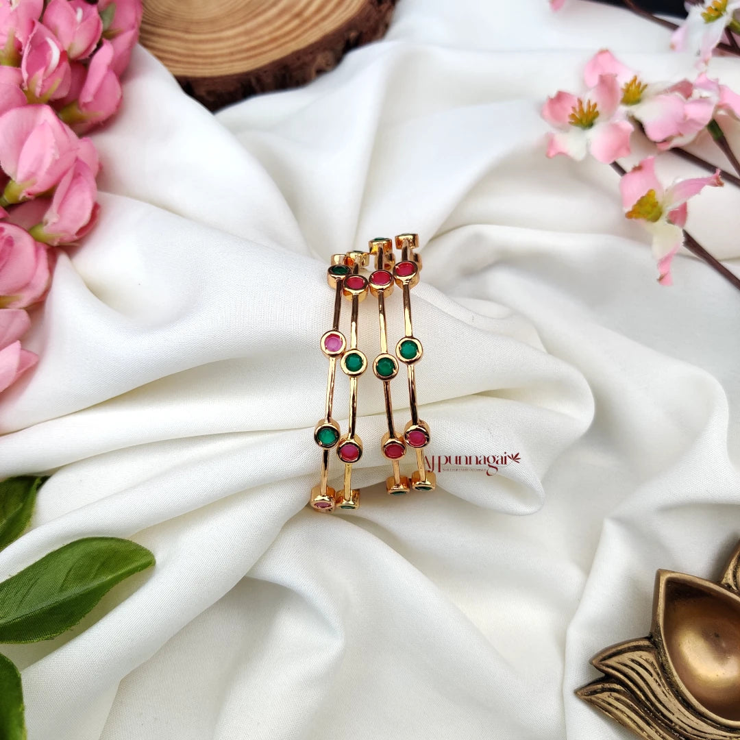Classic Pink and Green stone bangle - set of 4