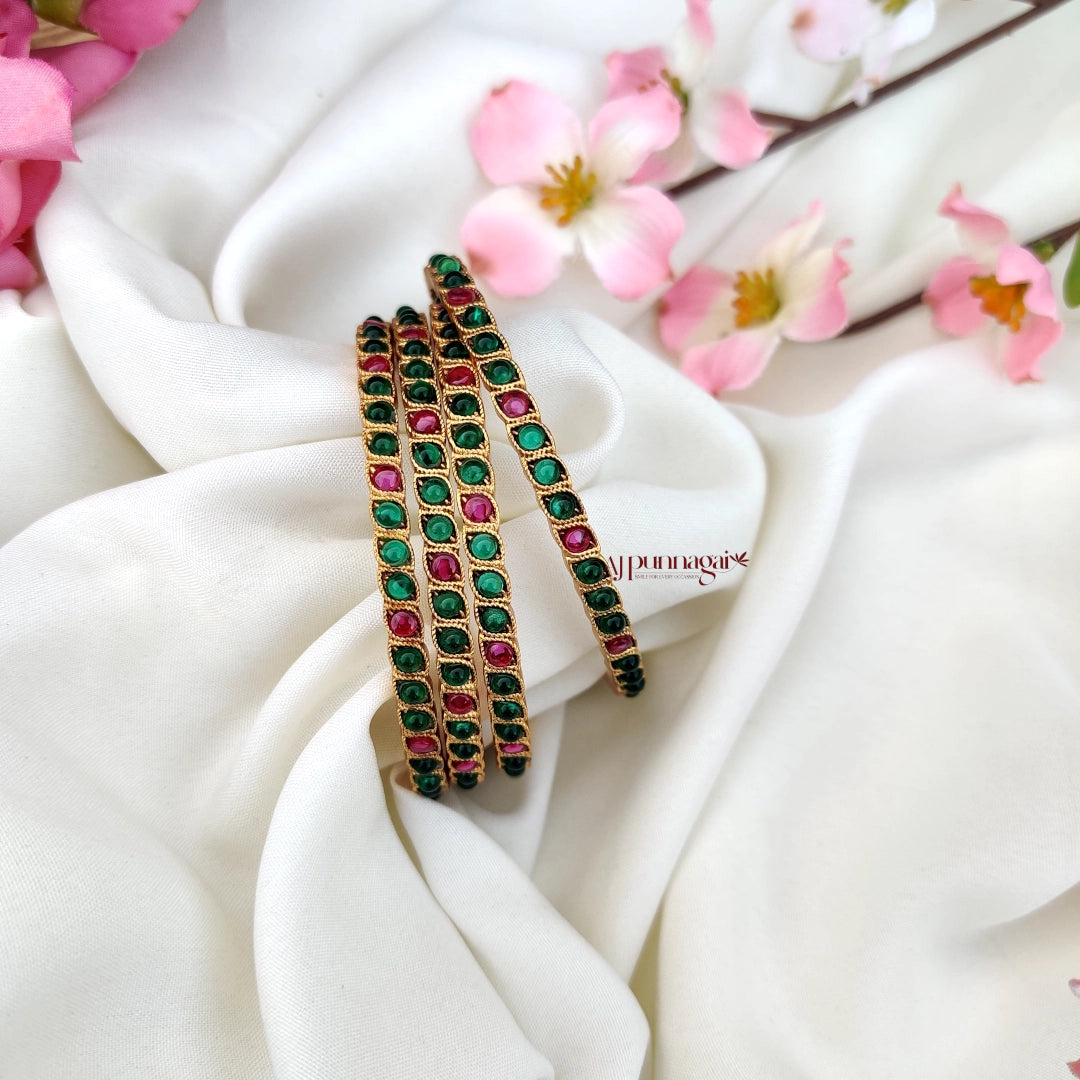 Gorgeous Green and Pink kemp stone Bangle - set of 4
