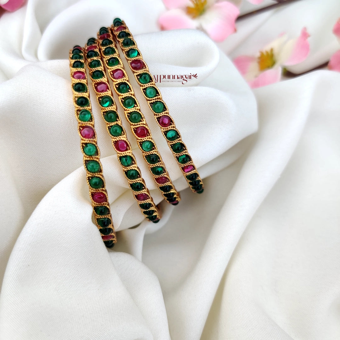 Gorgeous Green and Pink kemp stone Bangle - set of 4