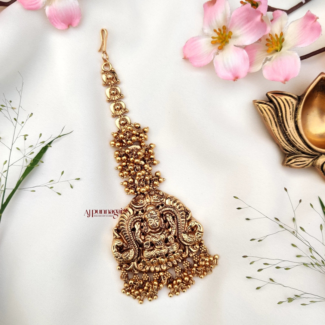Traditioanal Lakshmi Motifs Maang Tikka with Golden Beads