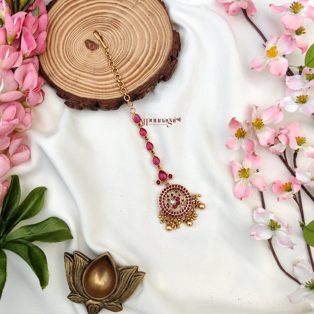 Dazzling design Kemp stone Maang Tikka with Gold beads - Ruby
