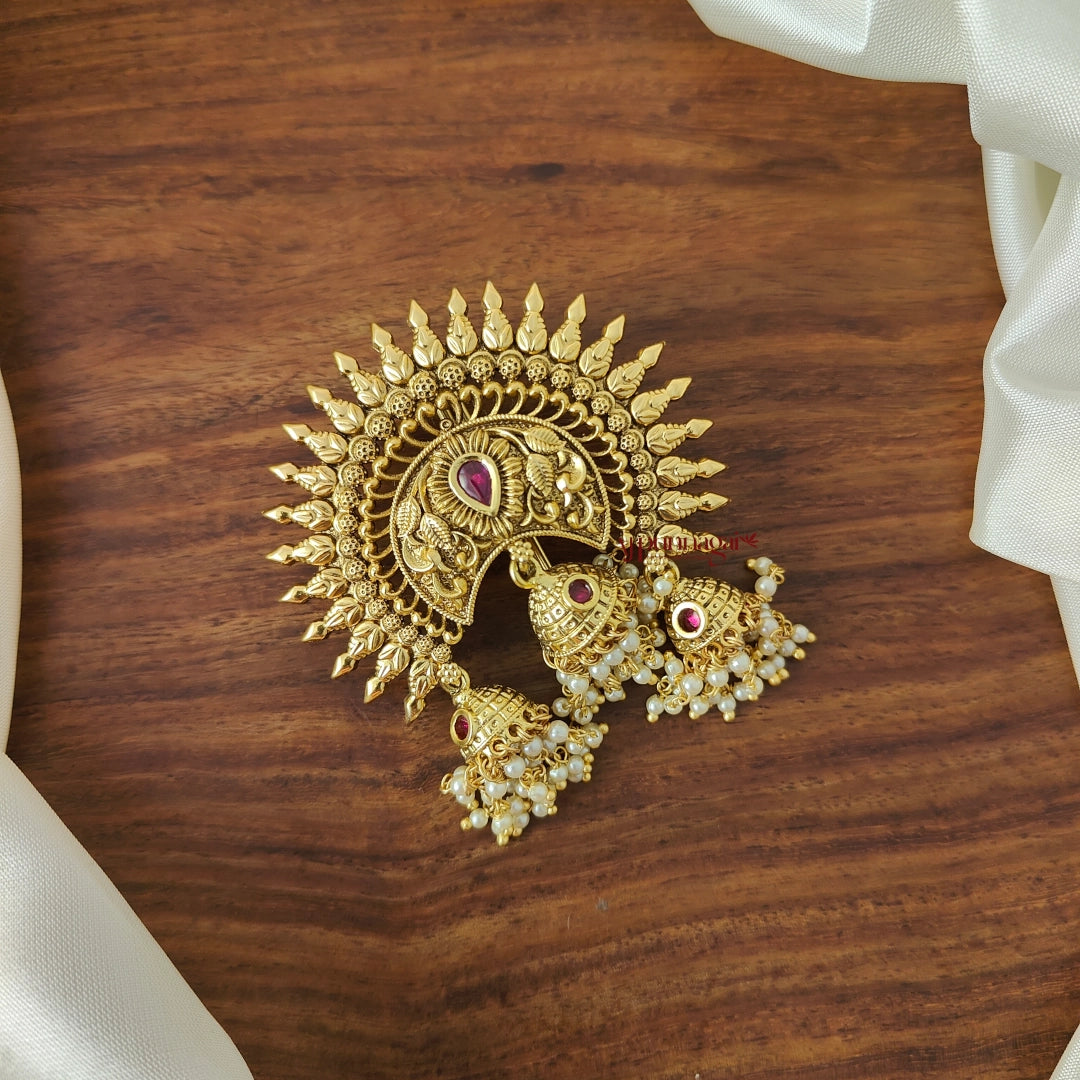 Gold Look Alike Floral Jadai Billai - Ruby