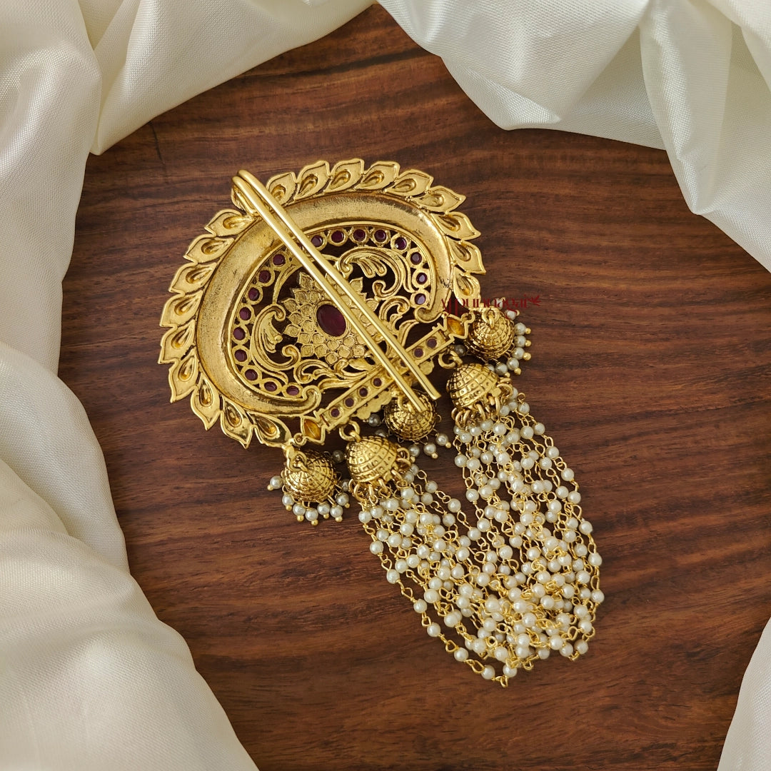 Gold Look Alike Floral Jadai Billai - Ruby