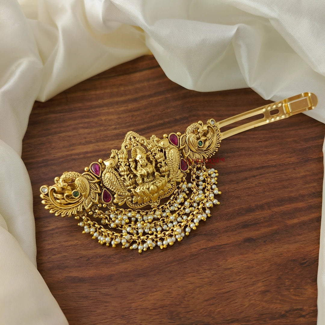 Peacock with Lakshmi Hair Clip - Pearl