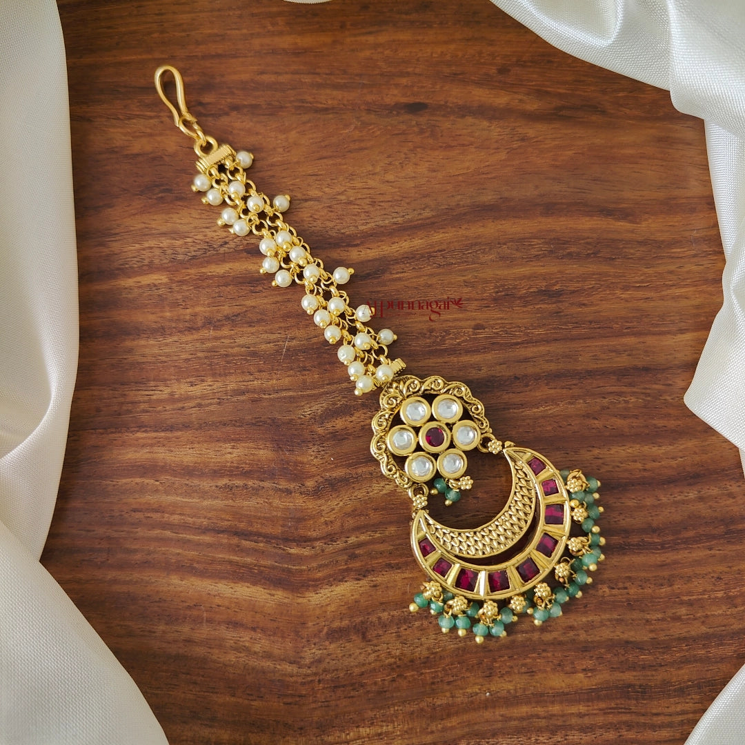 Floral Pearl Bridal Chutti - Green Beads