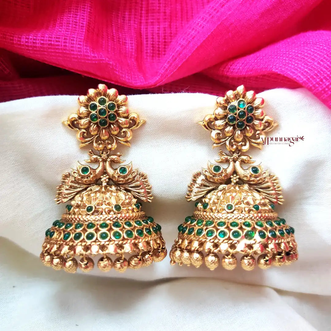 Trendy Floral Peacock Jhumka - GreenTrendy Floral Peacock Jhumka - Green