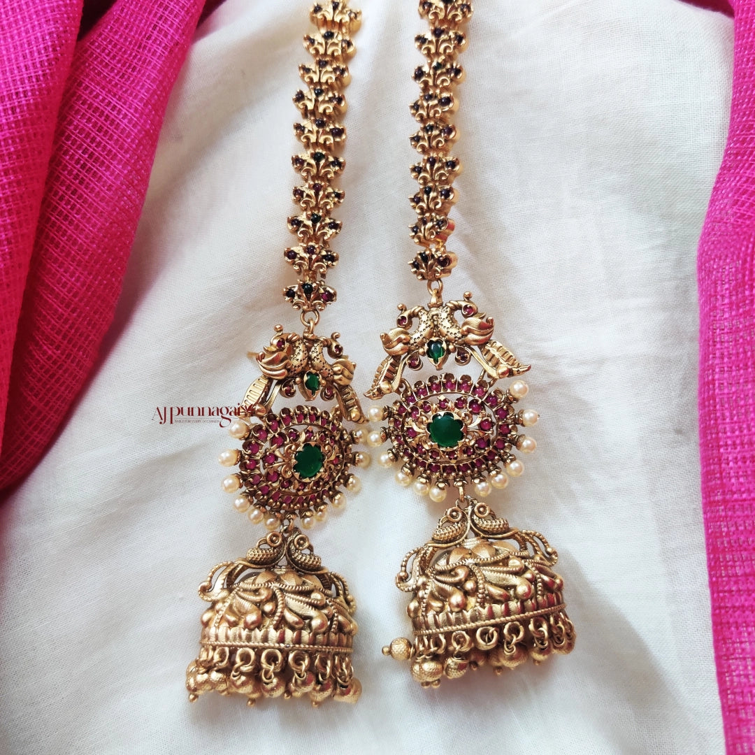 Peacock Design Pink & Green Jhumka with Mattal