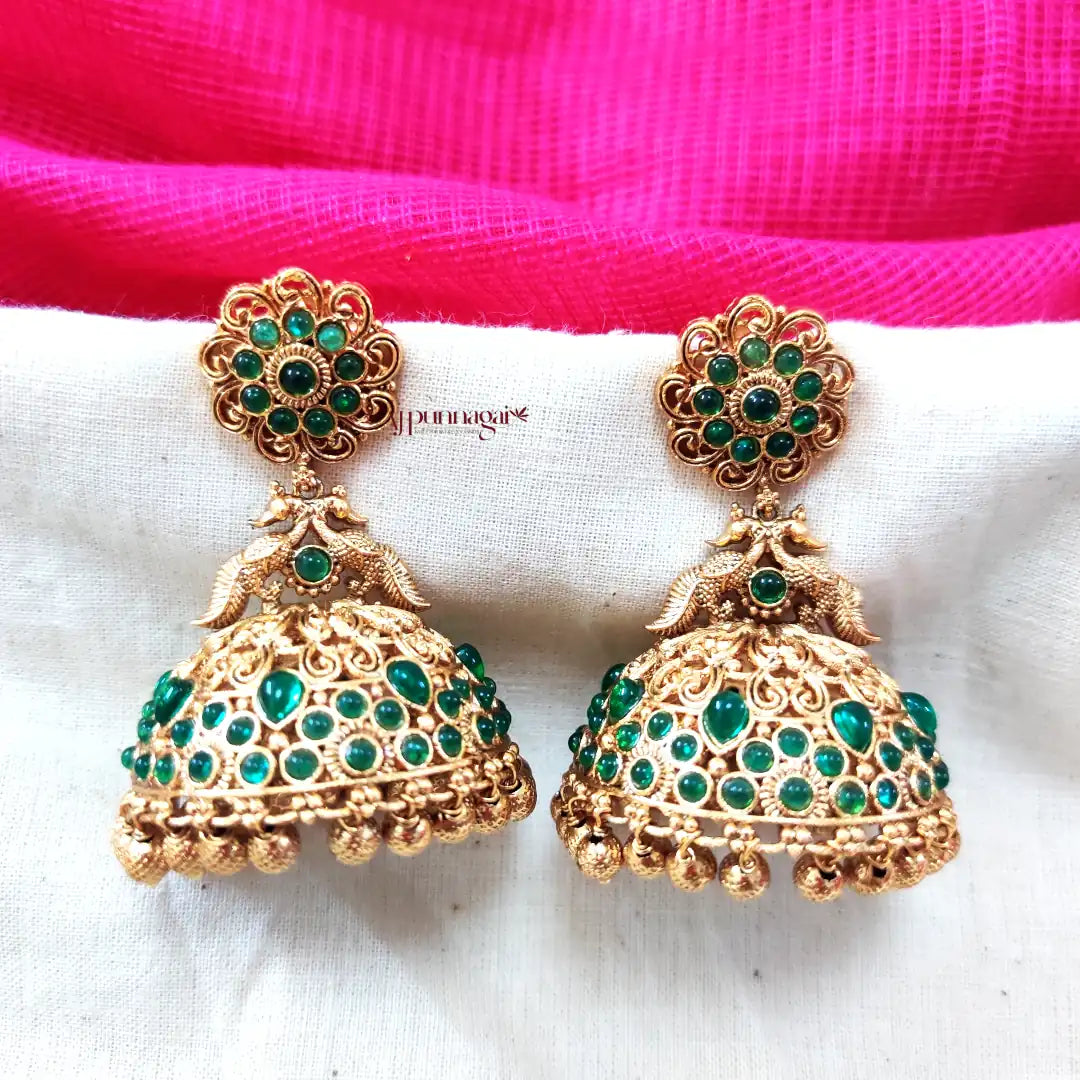 Dual Peacock Green Floral Jhumkas