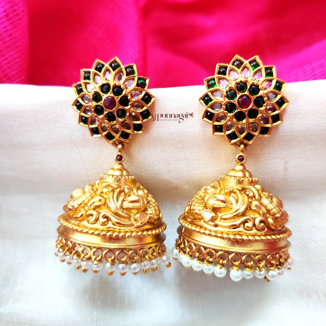 Multi Stone Floral Design Pearl Earrings