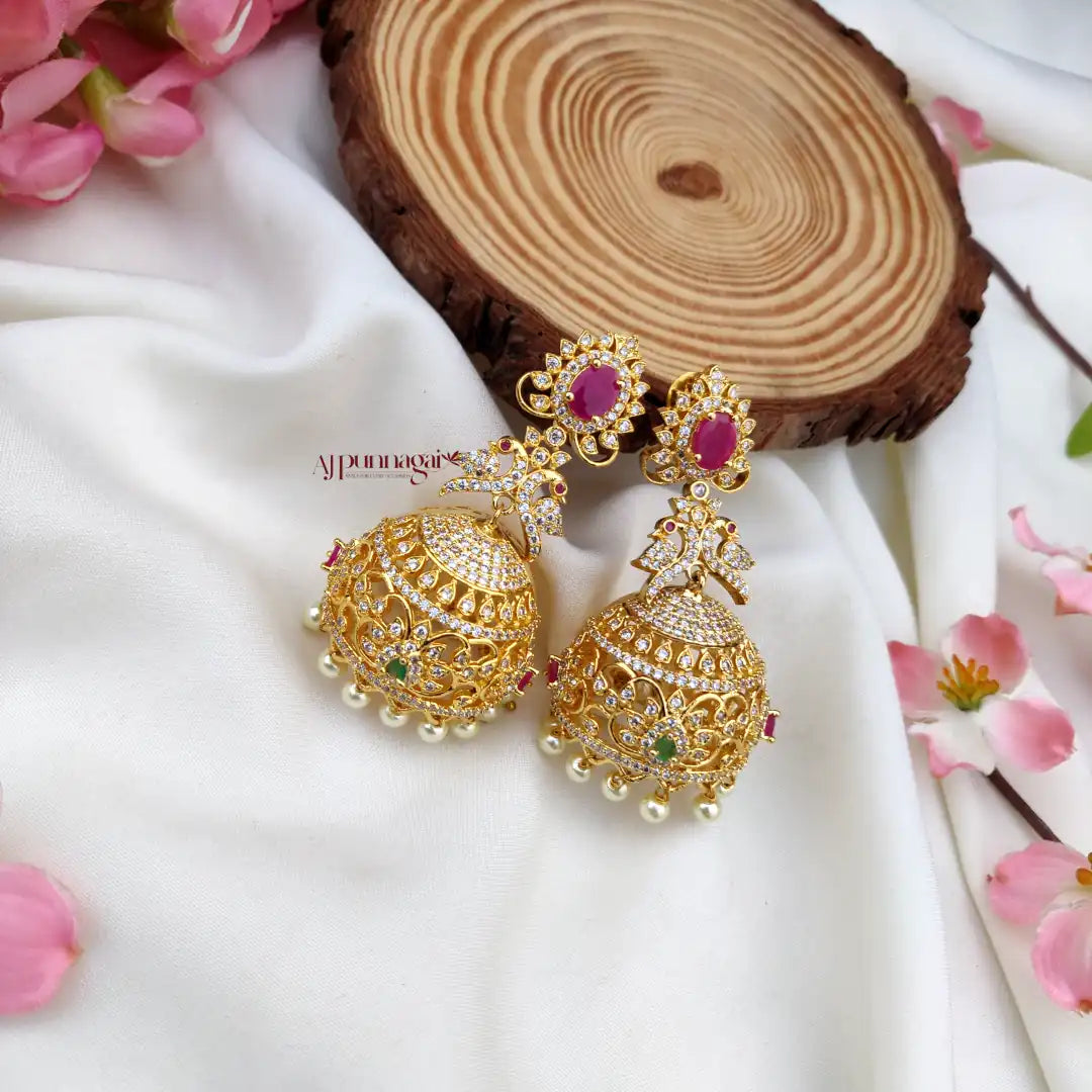 Trendy Gold finish AD stone Bridal Jhumka - Pink and Green