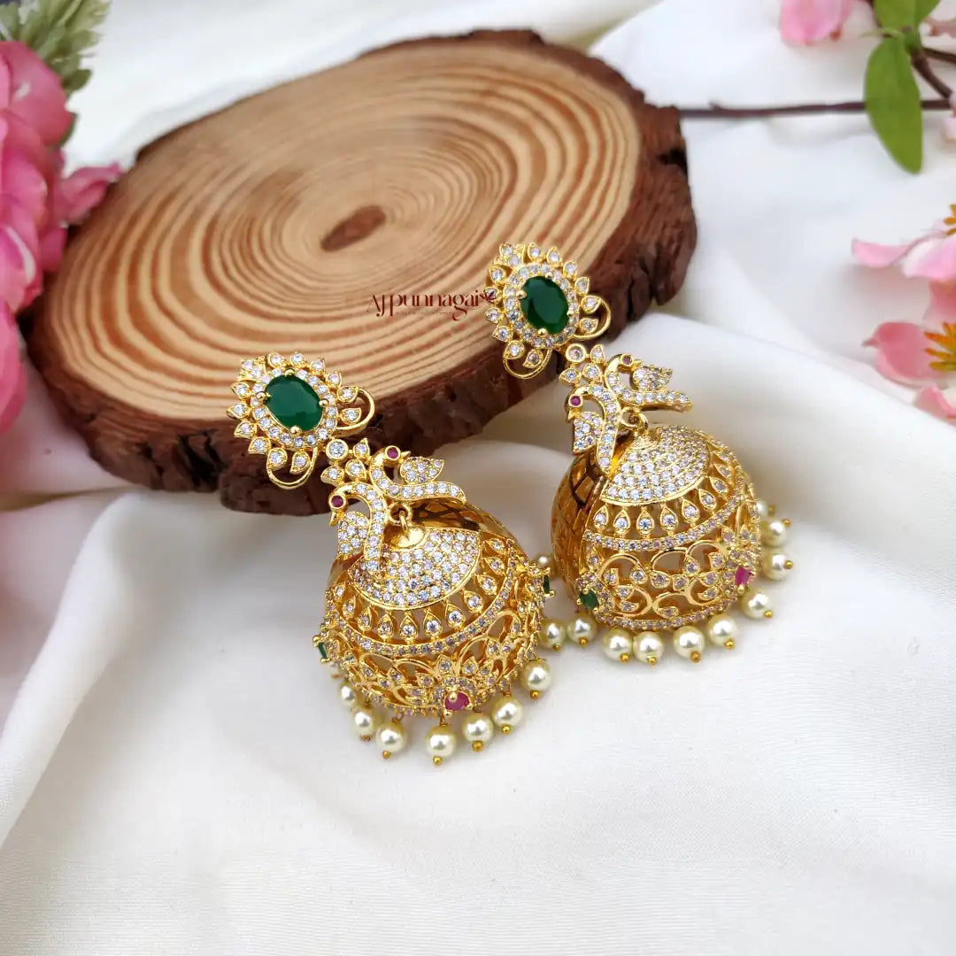 Sparkling AD stone Gold Finish Bridal Jhumka - Green and Pink