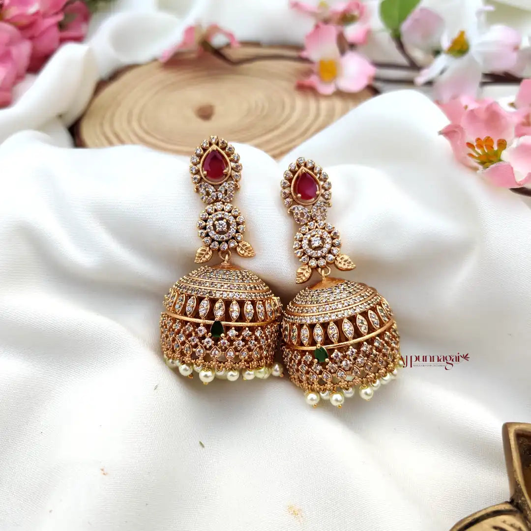 Sparkling AD Stone Bridal Jhumka - Pink and Green