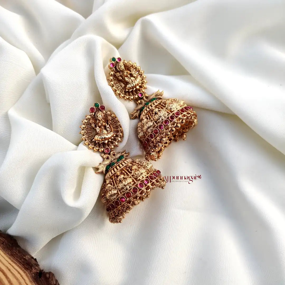 Elaborately crafted Lakshmi Jhumka with Gold Beads - Multi