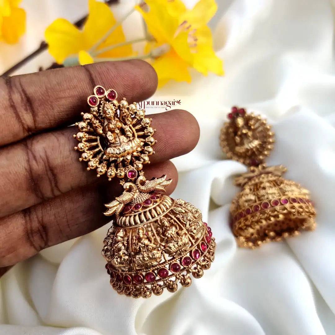 Elaborately Crafted Lakshmi Jhumka with Gold Beads - Ruby