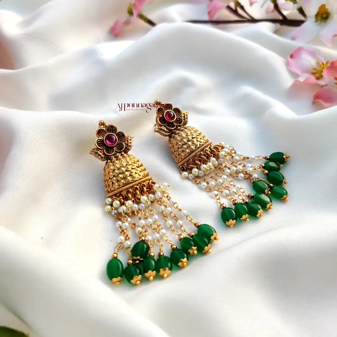 Mesmerizing Grand floral Bridal Jhumka with Pearl Hangings