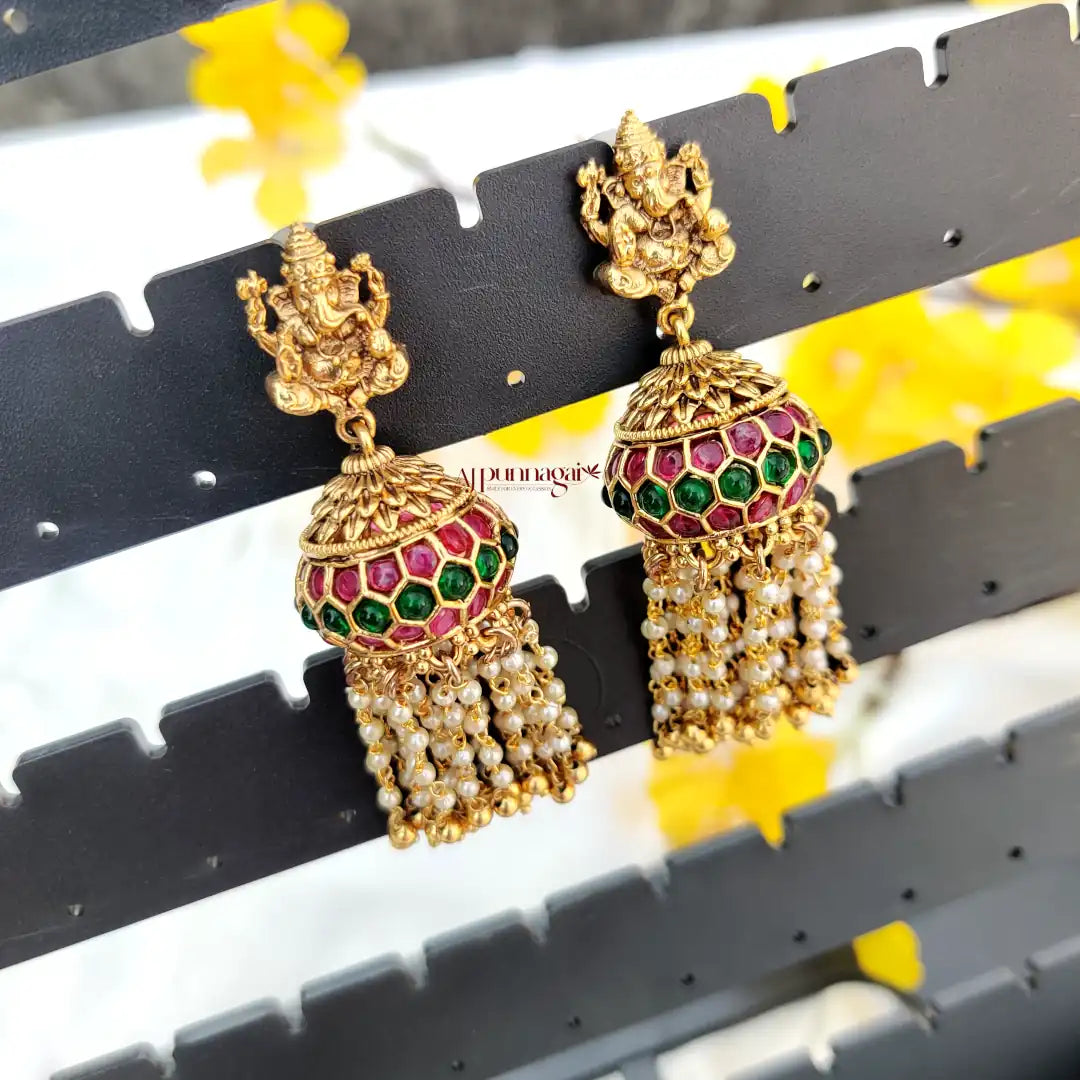 Unique touch to traditional Ganesh Earring with Pearl Hanging - Multi