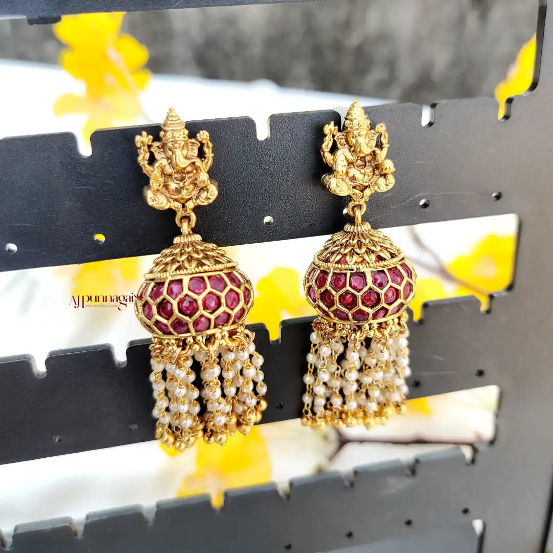 Unique touch to traditional Ganesh Earring with Pearl Hanging - Ruby