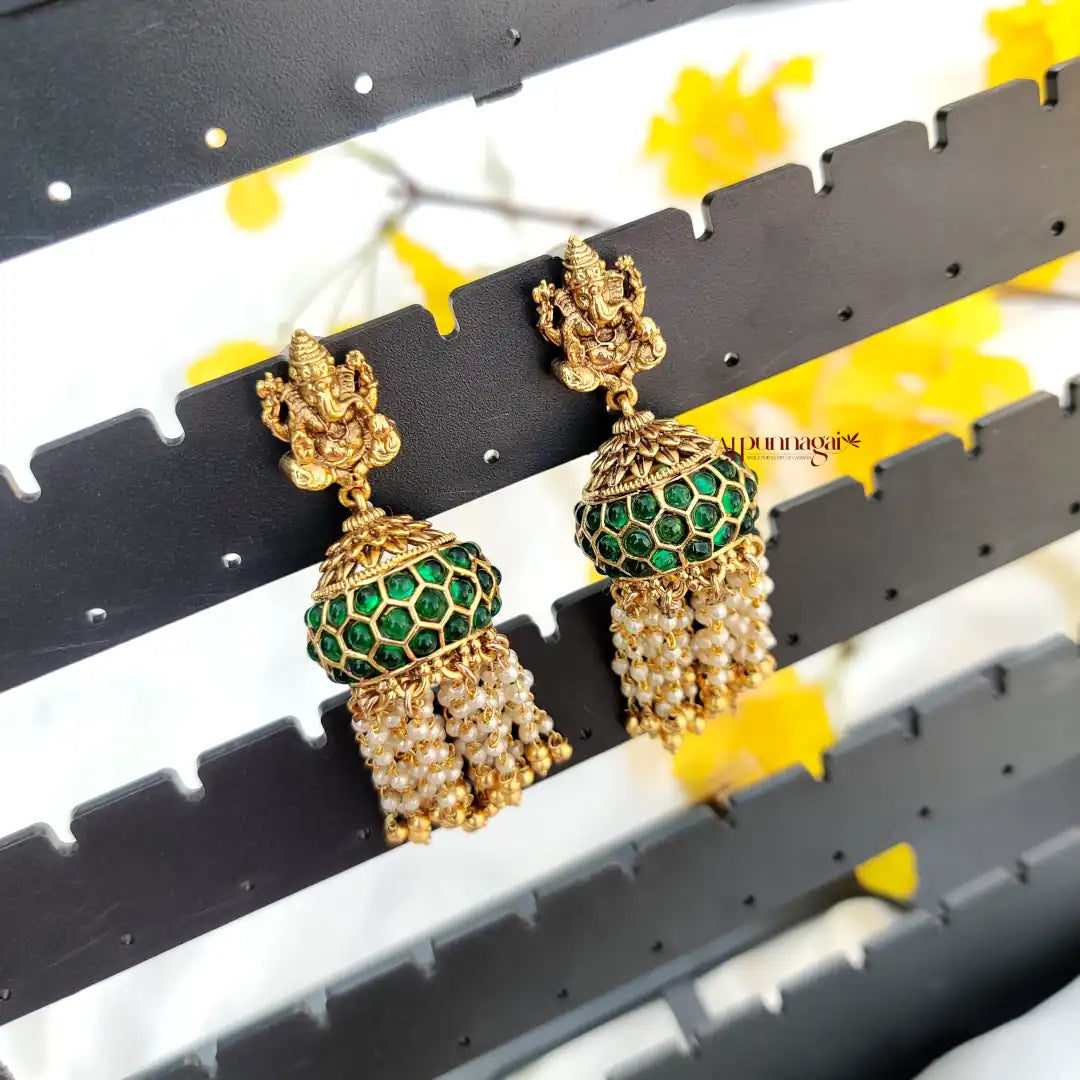 Unique touch to traditional Ganesh Earring with Pearl Hanging - Green