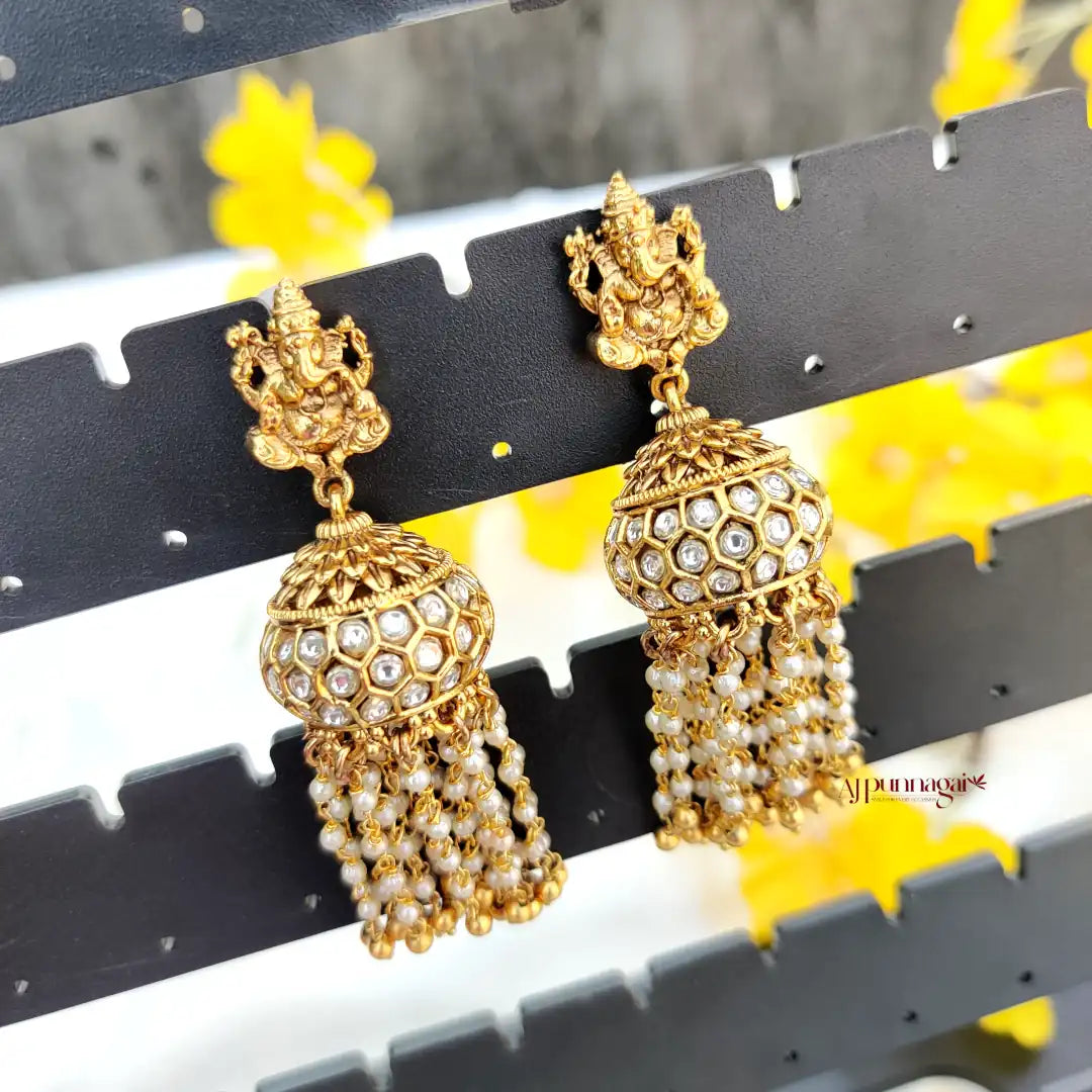 Unique touch to traditional Ganesh Earring with Pearl Hanging - Kundan