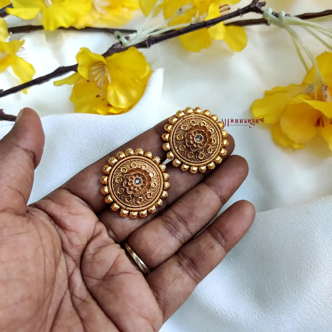 Cute Floral Round Antique Finish Earring - White