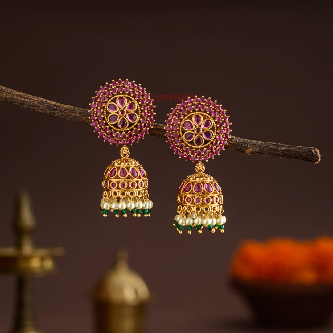 Dazzling Floral Jhumka - Ruby