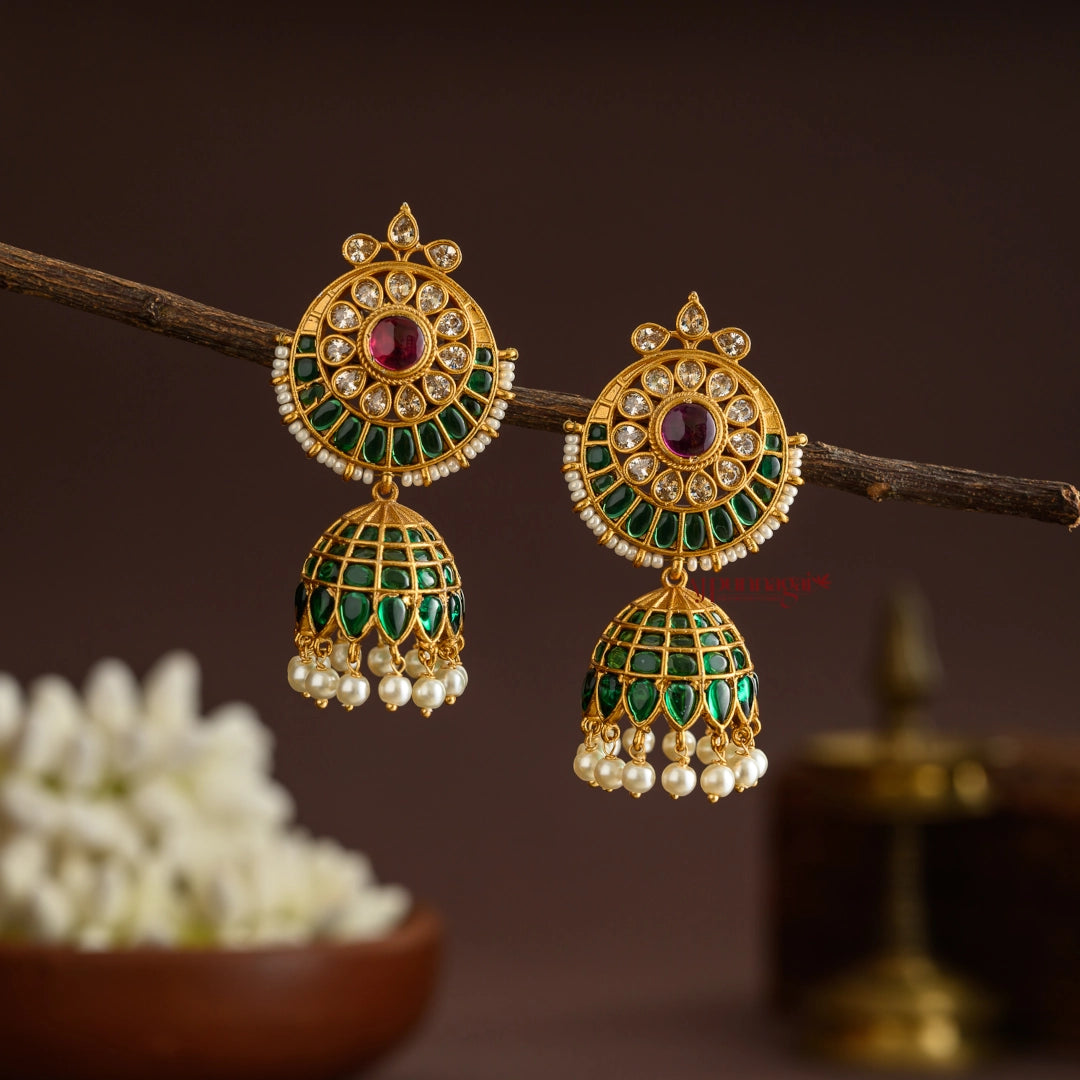Floral Kemp Jhumka - Green