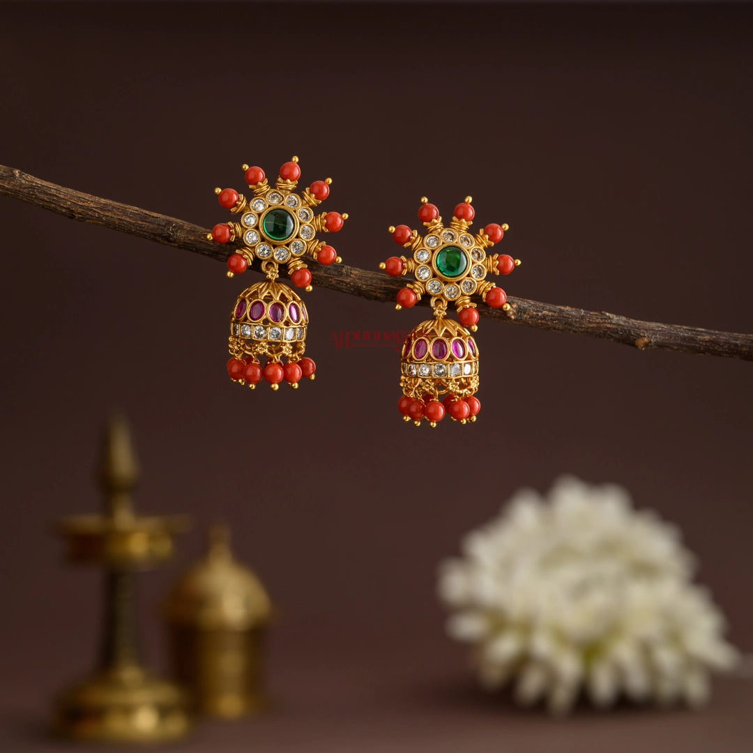 Floral with Coral Jhumka - Multi