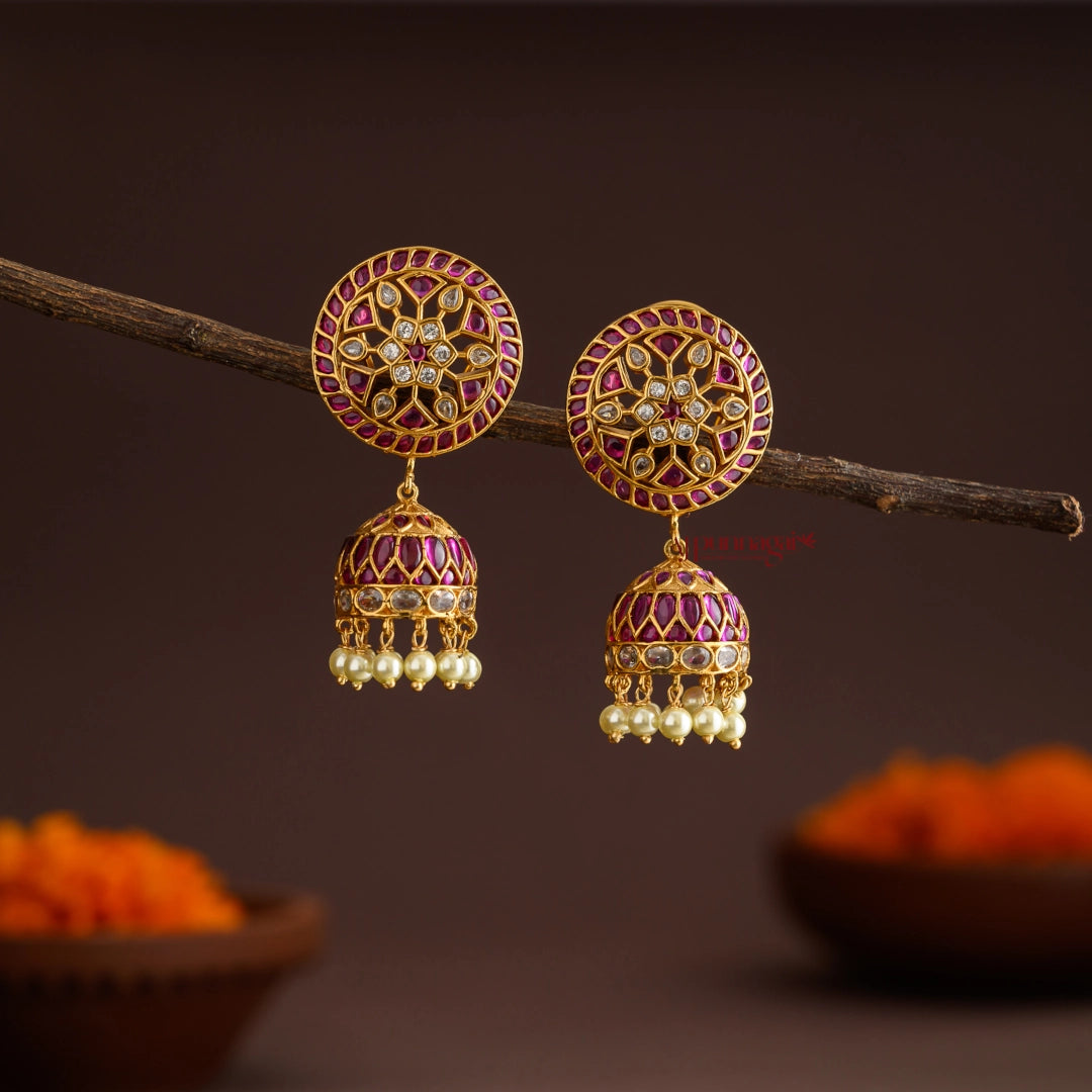 Floral Kemp Jhumka - Ruby