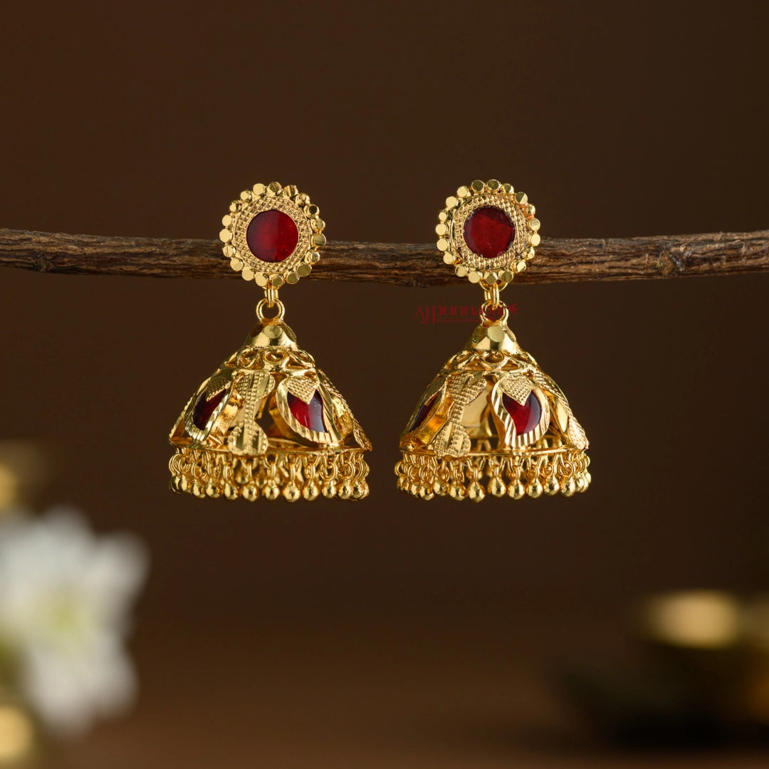 Gold Finish Mango Palakka Kerala Style Jhumka - Red