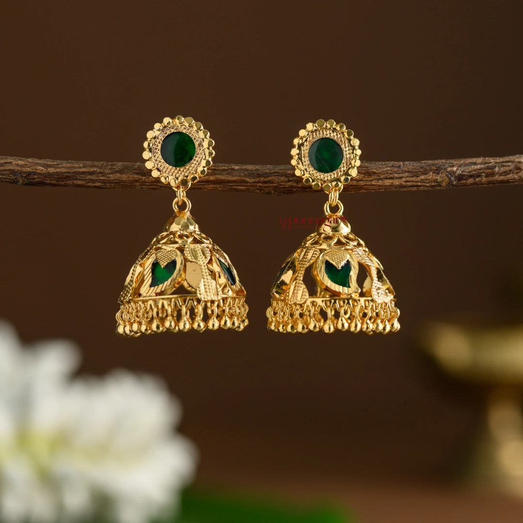 Gold Finish Mango Palakka Kerala Style Jhumka - Green