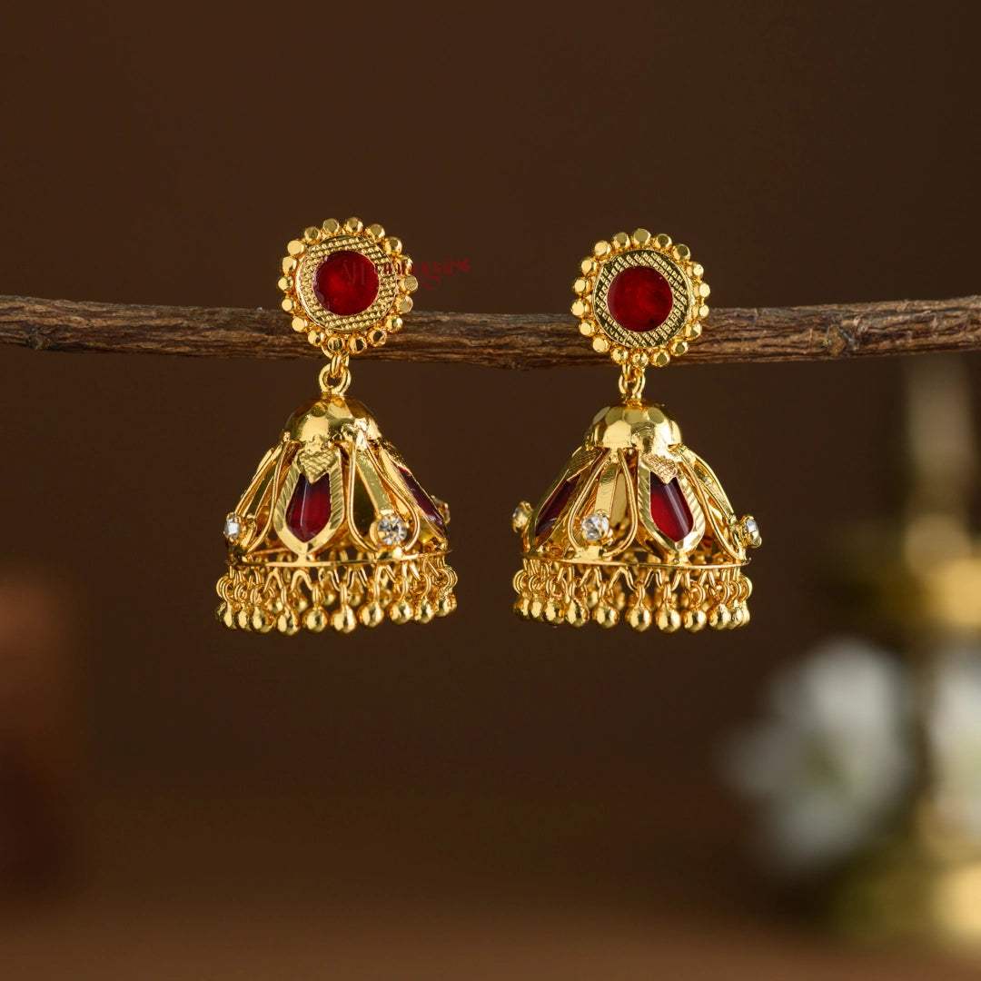 Gold Finish Nagapadam Kerala Style Jhumka - Red